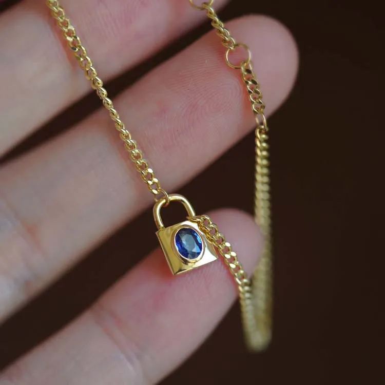 Vintage gold plated 925 sterling silver lock with blue zircon charm chunky chain bracelet for women girls
Vintage gold plated 925 sterling silver lock with blue zircon charm chunky chain bracelet for women girls