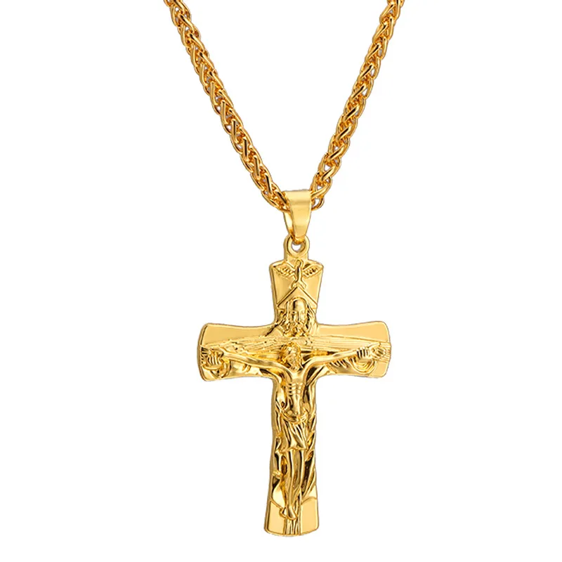 

Factory Wholesale Gold Plated Christian Portrait Jewelry Long Crucifix Jesus Pendant Charm Cross Necklace For Women Men, Gold, silver