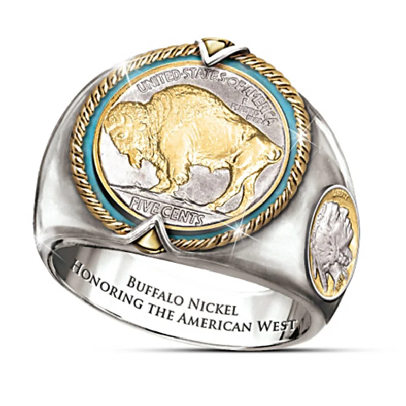 Men Buffalo Nickel Honoring Rings Copper Material The American West Ethnic Style Cowboy Ring Jewelry, Antique gold 
Men Buffalo Nickel Honoring Rings Copper Material The American West Ethnic Style Cowboy Ring Jewelry, Antique gold