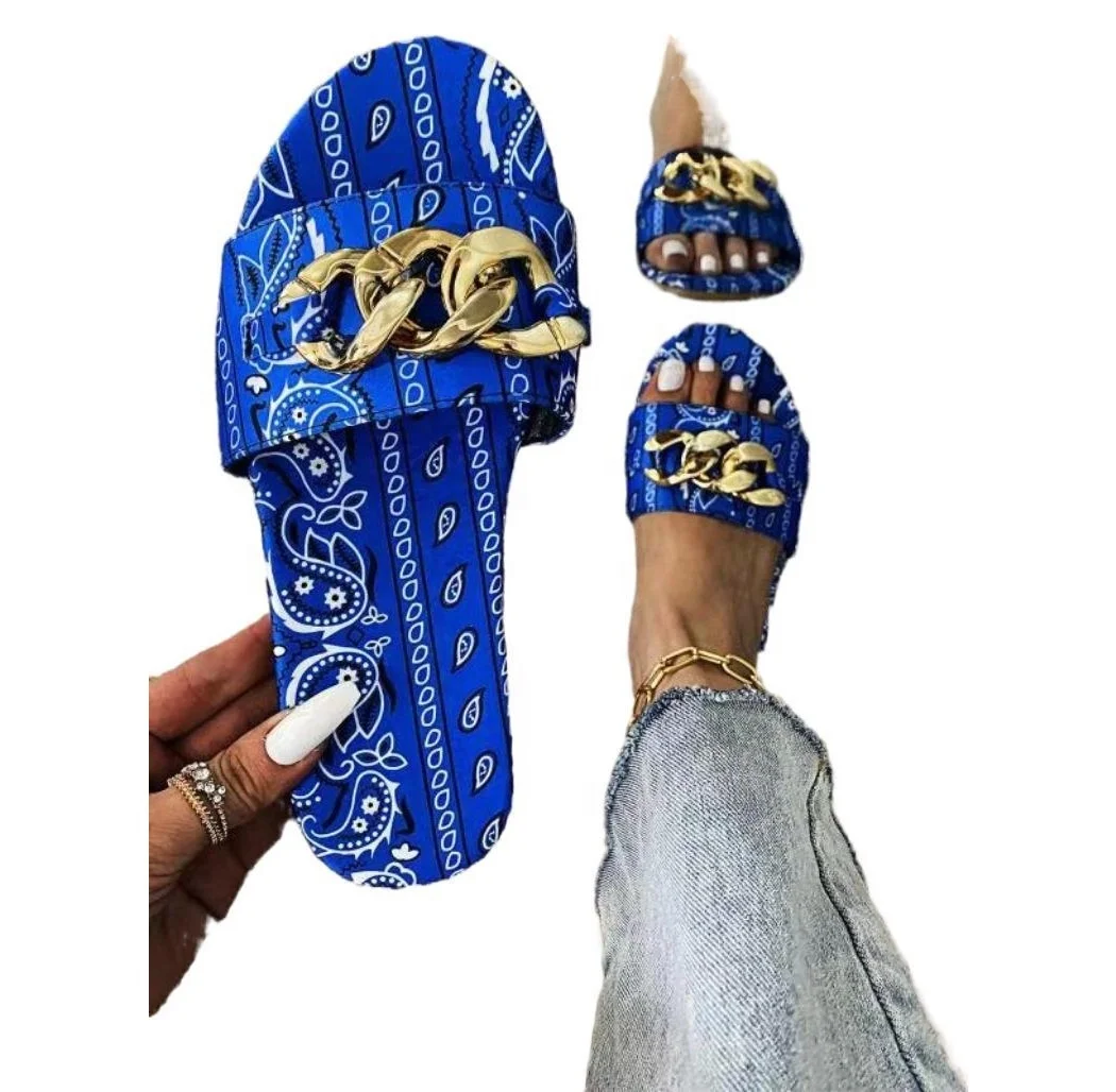 YD Wholesale women fashion summer designer metal chain bandana paisley slippers luxury summer out door ladies sandals 
YD Wholesale women fashion summer designer metal chain bandana paisley slippers luxury summer out door ladies sandals