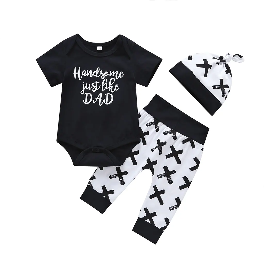 OEM Black Short Sleeve Letter Printed Snap Button Rompers X Pattern Full Length Pants Summer 2pcs Baby Boy Clothes Set with Hat
OEM Black Short Sleeve Letter Printed Snap Button Rompers X Pattern Full Length Pants Summer 2pcs Baby Boy Clothes Set with Hat
