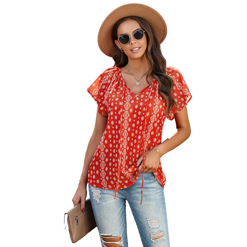 Hot Selling Casual Women V Neck Short Sleeve Print Fluttering Blouse Elegant Ladies' Blouses
Hot Selling Casual Women V Neck Short Sleeve Print Fluttering Blouse Elegant Ladies' Blouses