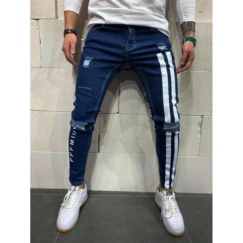 2021 New Fashion Men Jean Print Stripe Ripped Slim Skinny Denim Jeans Pants, As picture
2021 New Fashion Men Jean Print Stripe Ripped Slim Skinny Denim Jeans Pants, As picture