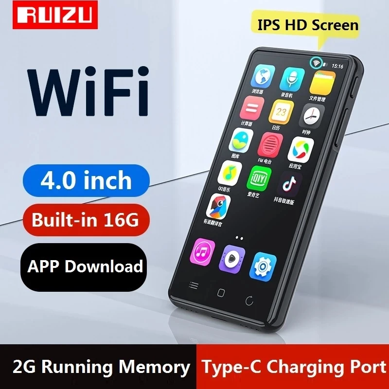 

Newest RUIZU H8 Android WiFi MP4 Player BT V5.0 Full Touch Screen 4inch 16GB Music Video Player With FM,Recording,E-book