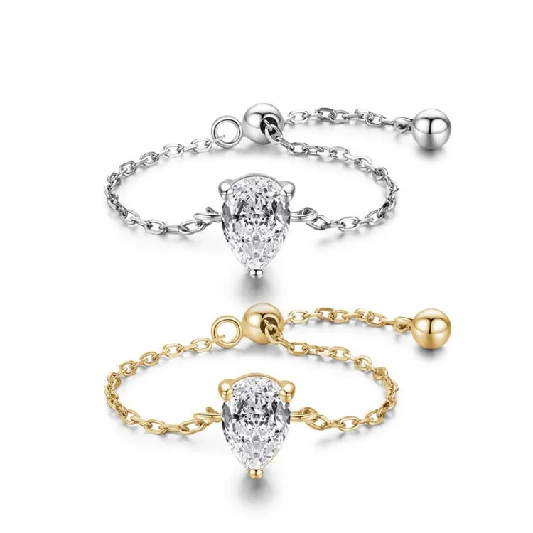 New arrival gold plated 925 sterling silver link chain pear cut water drop diamond adjustable heart ring, Gold/silver
New arrival gold plated 925 sterling silver link chain pear cut water drop diamond adjustable heart ring, Gold/silver