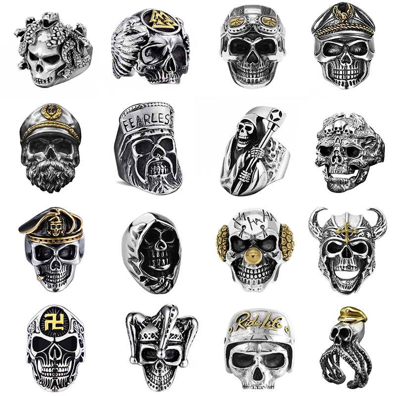 

Gothic Punk Ring For Men Retro Skeleton Devil Male Ring Skull Adjustable Exaggeration Death Officer Snake Captain, As the picture