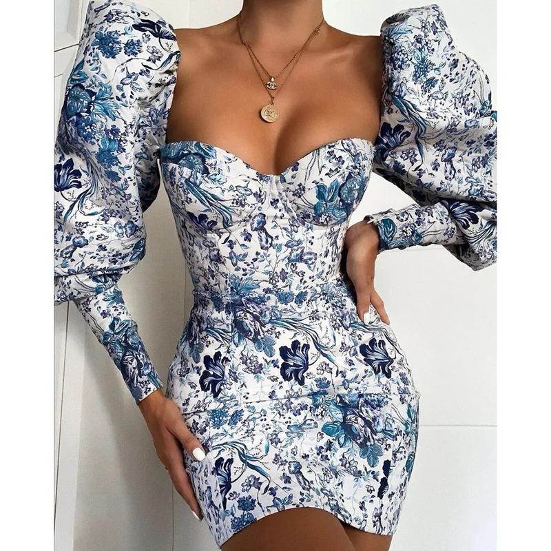 Spring Summer Mini Floral Print Blue Bodycon Puff Sleeve Dress Women Party Elegant Evening Gown
Spring Summer Mini Floral Print Blue Bodycon Puff Sleeve Dress Women Party Elegant Evening Gown