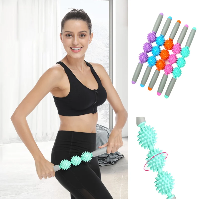 

Gym Yoga Stick Body Massage Relax Tool Muscle Roller Sticks With 3 Point Spiky Ball for Leg Arm Back Feet, Green pink purple orange blue