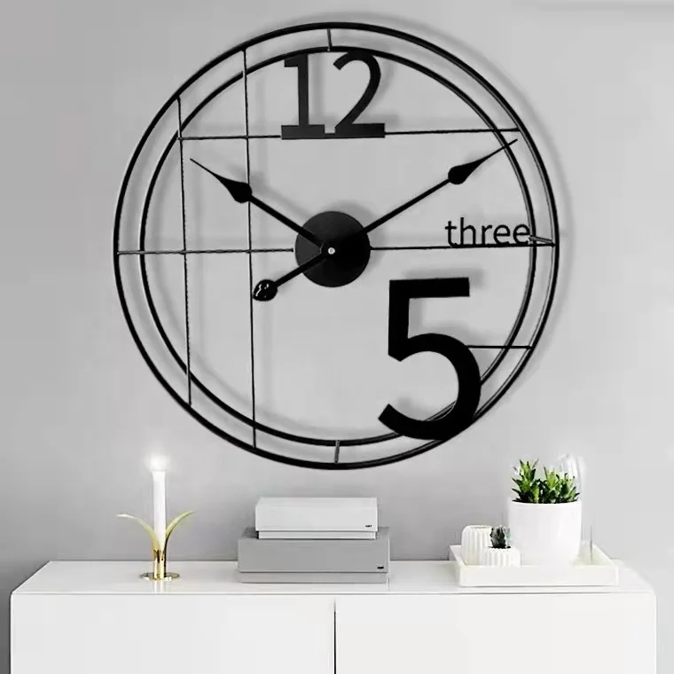 

Metal Frame Wall Clock 50cm Black Metallic Home Decor Analog Metal Clock Retro Wall Clock