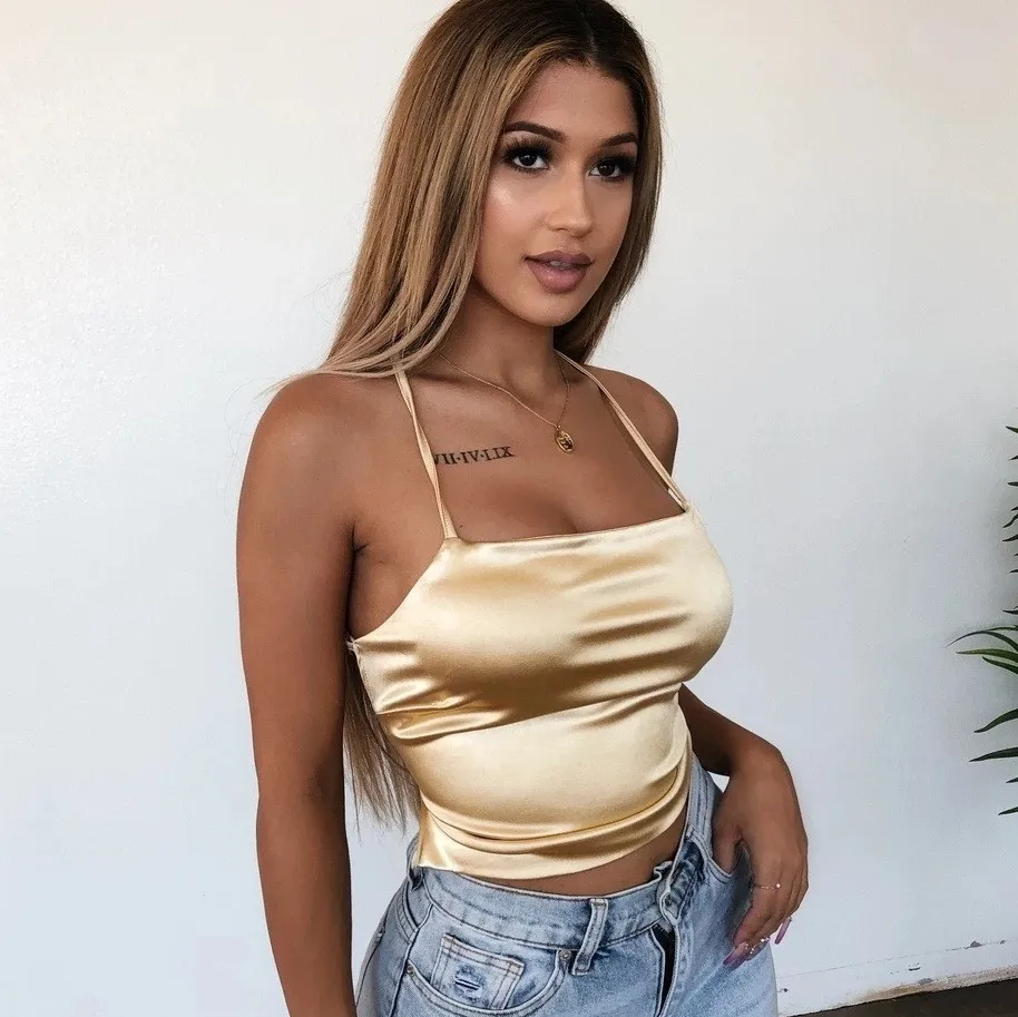 Tie Wrap Solid Ladies Sexy Tops Sleeveless Womens Tank Top Sexy Silk Camisoles For Women Halter Satin Crop Tank Tops, White,pink,yellow,green,blue
Tie Wrap Solid Ladies Sexy Tops Sleeveless Womens Tank Top Sexy Silk Camisoles For Women Halter Satin Crop Tank Tops, White,pink,yellow,green,blue