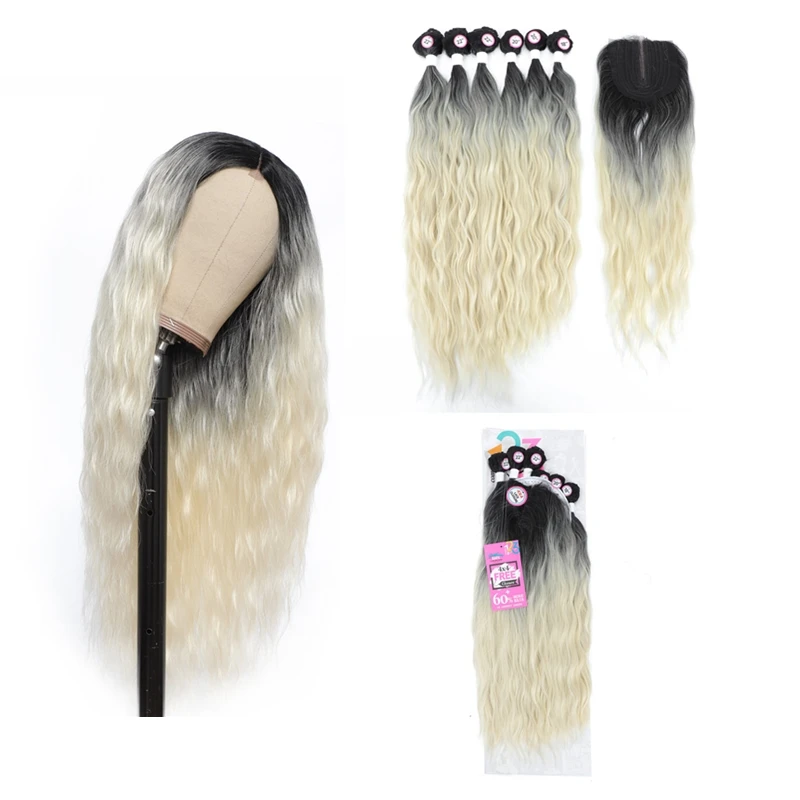 

613 Blonde Natural Wave Synthetic Hair Bundles with 4X4 Closure Curly Hair Weave Weaving for Women Wigs