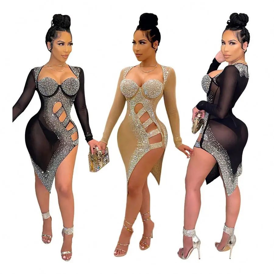 S390167 Women Sexy Mesh See-Through Hollow Out Dress Fashion Irregular Rhinestone Nightclub Bodycon Dresses, 2 colors
S390167 Women Sexy Mesh See-Through Hollow Out Dress Fashion Irregular Rhinestone Nightclub Bodycon Dresses, 2 colors