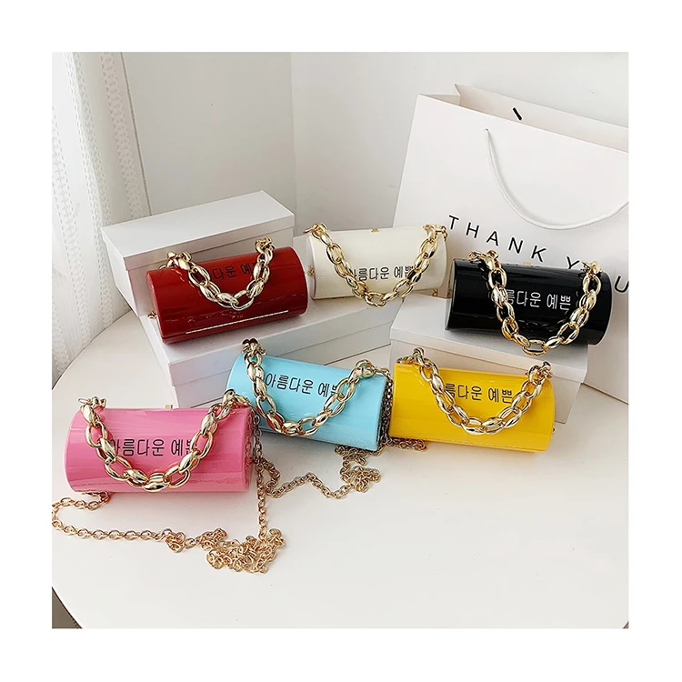 Women Acrylic Cylinder Bag Textured Thick Chain Messenger Bags New Korean Letters Handbags Personality Lady Clutch Purses Bolsa
Women Acrylic Cylinder Bag Textured Thick Chain Messenger Bags New Korean Letters Handbags Personality Lady Clutch Purses Bolsa