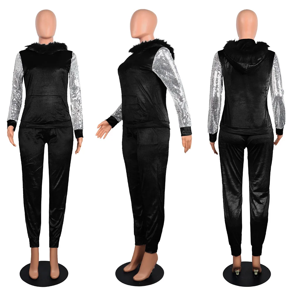 WNAK8671 women fashion hooded sequins Pant 2019 Women Two Piece Outfits Set