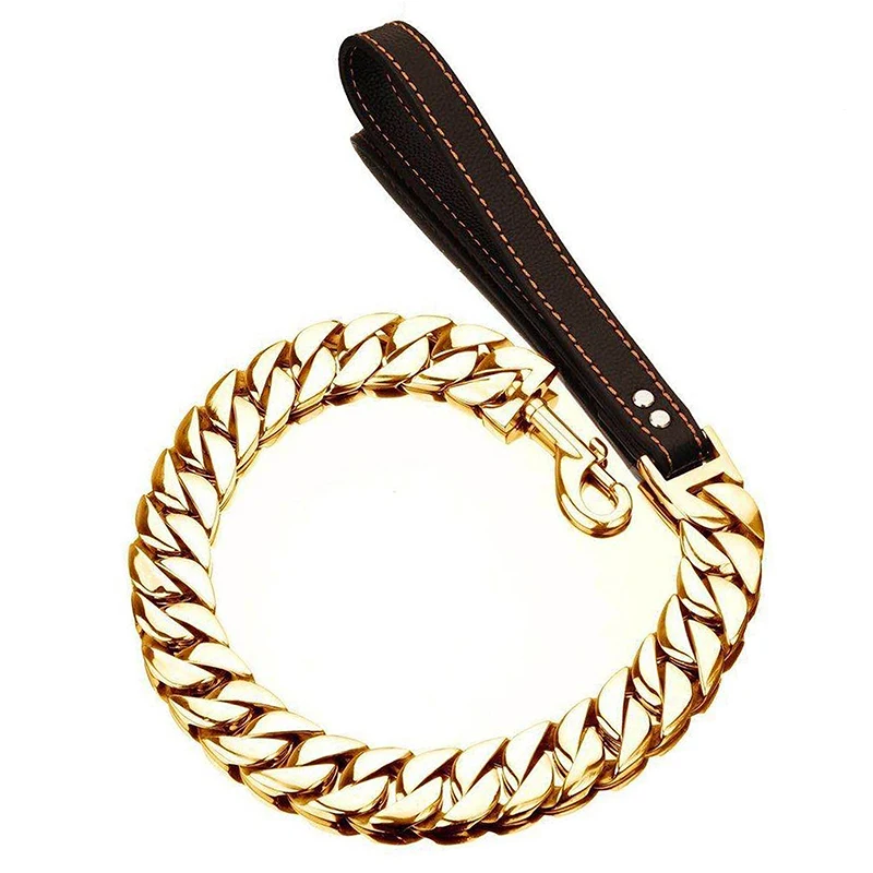 Custom 32MM Dog Leashes Dog Chain Collars for Large Dogs Stainless Steel Pet Leash Chain with Leather Padded Handle, 18k gold
Custom 32MM Dog Leashes Dog Chain Collars for Large Dogs Stainless Steel Pet Leash Chain with Leather Padded Handle, 18k gold