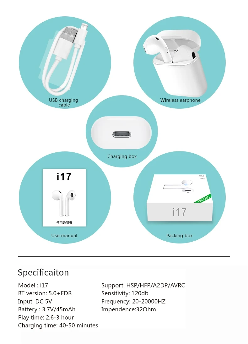 i7S TWS Bluetooth Wireless Earphone with Charger Case i17 - ANKUX.COM
