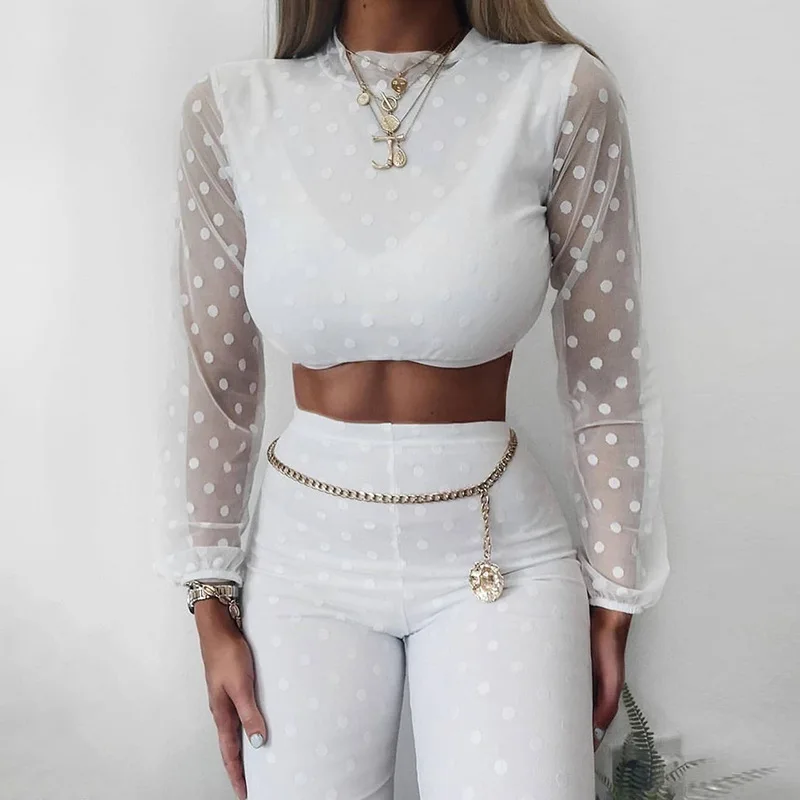 Sexy crop top solid color transparent mesh long sleeves women two piece set clothing
Sexy crop top solid color transparent mesh long sleeves women two piece set clothing