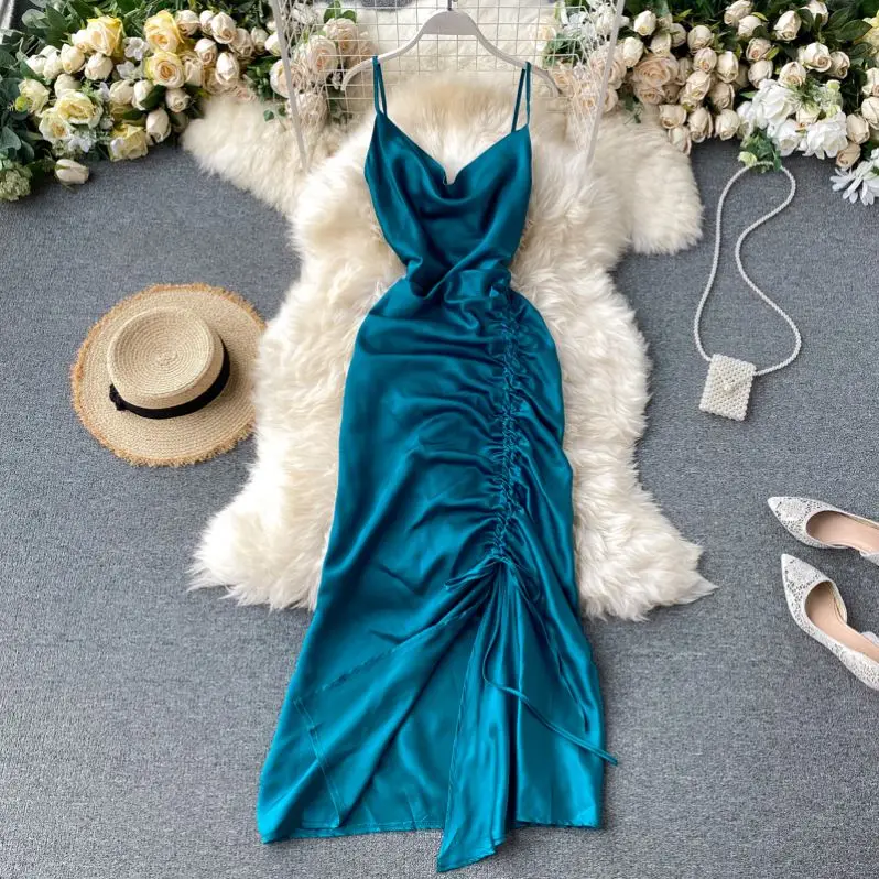 2021 Women Strap dress side split drawstring backless elegant party satin evening dress sexy club dinner outfit free prom dress
2021 Women Strap dress side split drawstring backless elegant party satin evening dress sexy club dinner outfit free prom dress