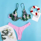 Custom Cute Triangle Swimsuits Two Piece High Cut Swimsuit Leaves Printed Pink Bathing Suits For Women