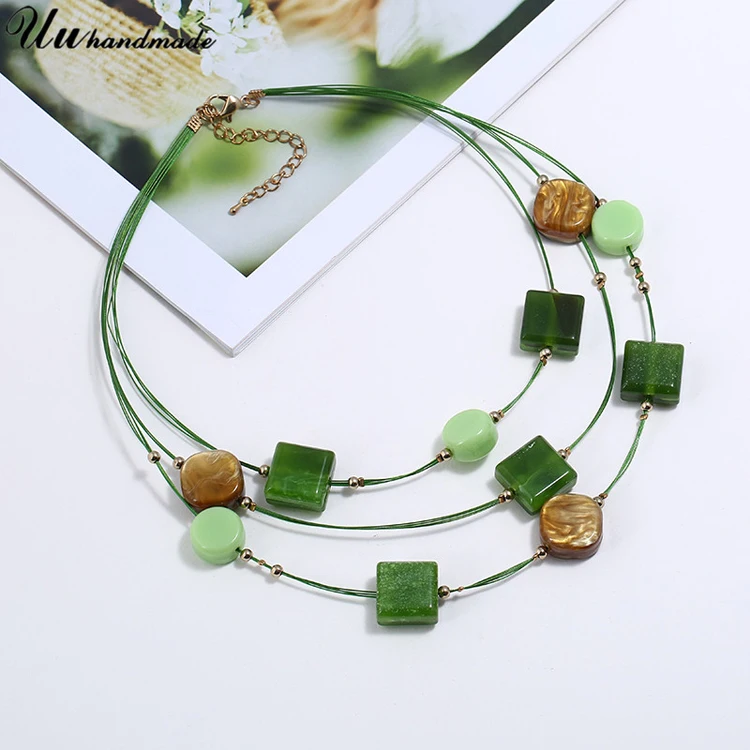3 layers charm necklace with acrylic resin beads for women multi layered necklace