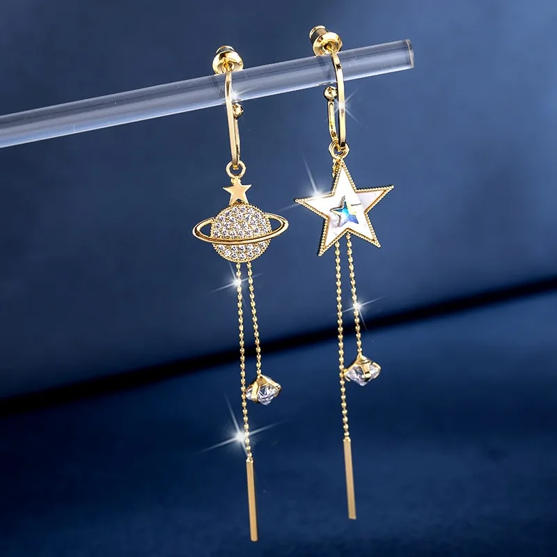 

S925 Silver Needle Pentagram Small Universe Asymmetric Tassel Earrings Star Moon Earrings Long Fashion Earrings Women