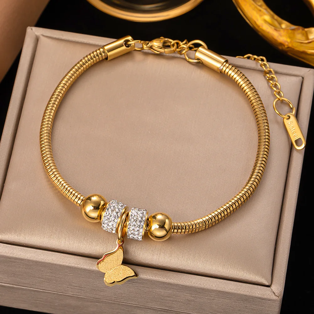 Hot Sale 18K Gold Plated Rhinestone Beads Butterfly Bracelet Titanium Stainless Steel Butterfly Charm Bracelets For Women
Hot Sale 18K Gold Plated Rhinestone Beads Butterfly Bracelet Titanium Stainless Steel Butterfly Charm Bracelets For Women