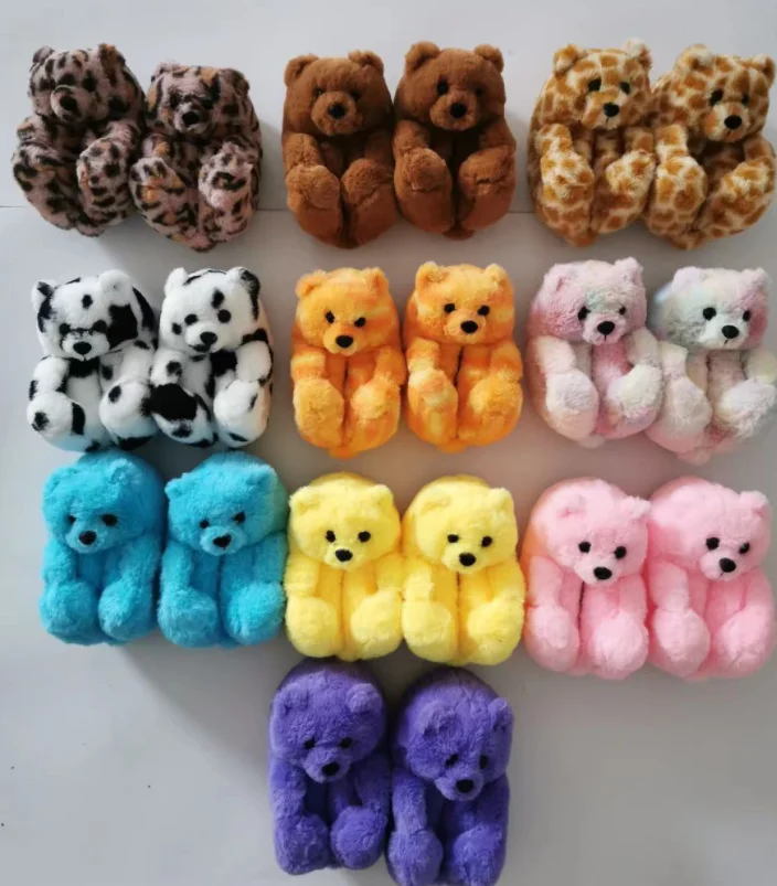 

2021multi-color kids teddy bear slippers fashion Kids Fur Slides  Free Size child furry teddy bear plush slippers, 21 colors