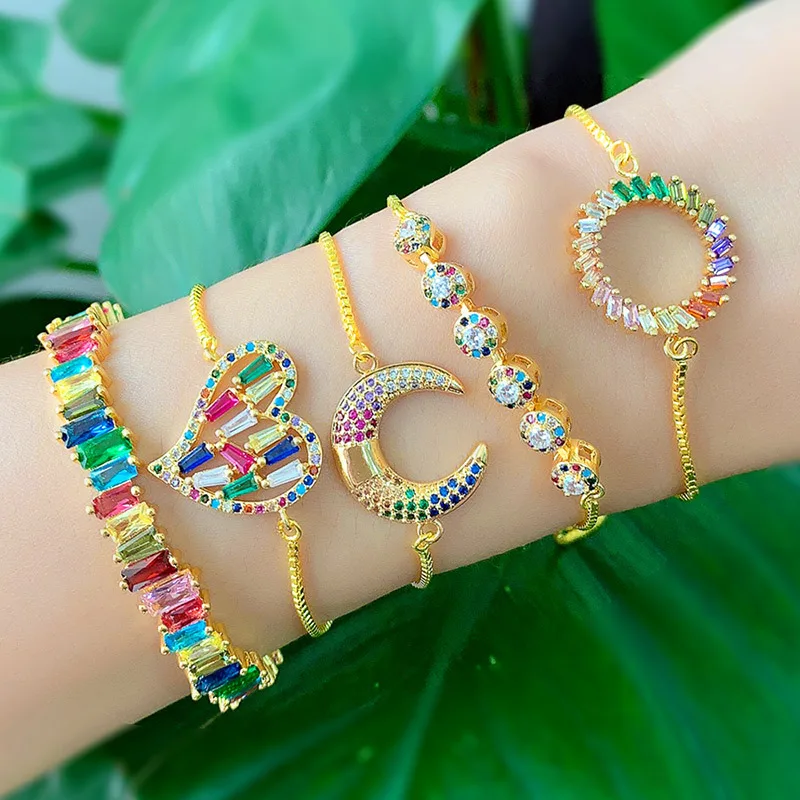Women Fashion Jewelry Shinny Hollow Circle Moon Bracelet Rainbow Cubic Zirconia Heart Bracelet For Women
Women Fashion Jewelry Shinny Hollow Circle Moon Bracelet Rainbow Cubic Zirconia Heart Bracelet For Women