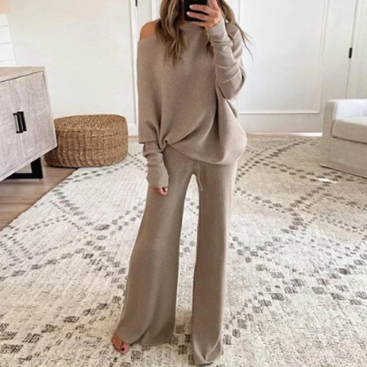 Hot Marketing Off Shoulder Rib Women Knit Pullover Wide Leg Pants Set Sweater, Khaki
Hot Marketing Off Shoulder Rib Women Knit Pullover Wide Leg Pants Set Sweater, Khaki