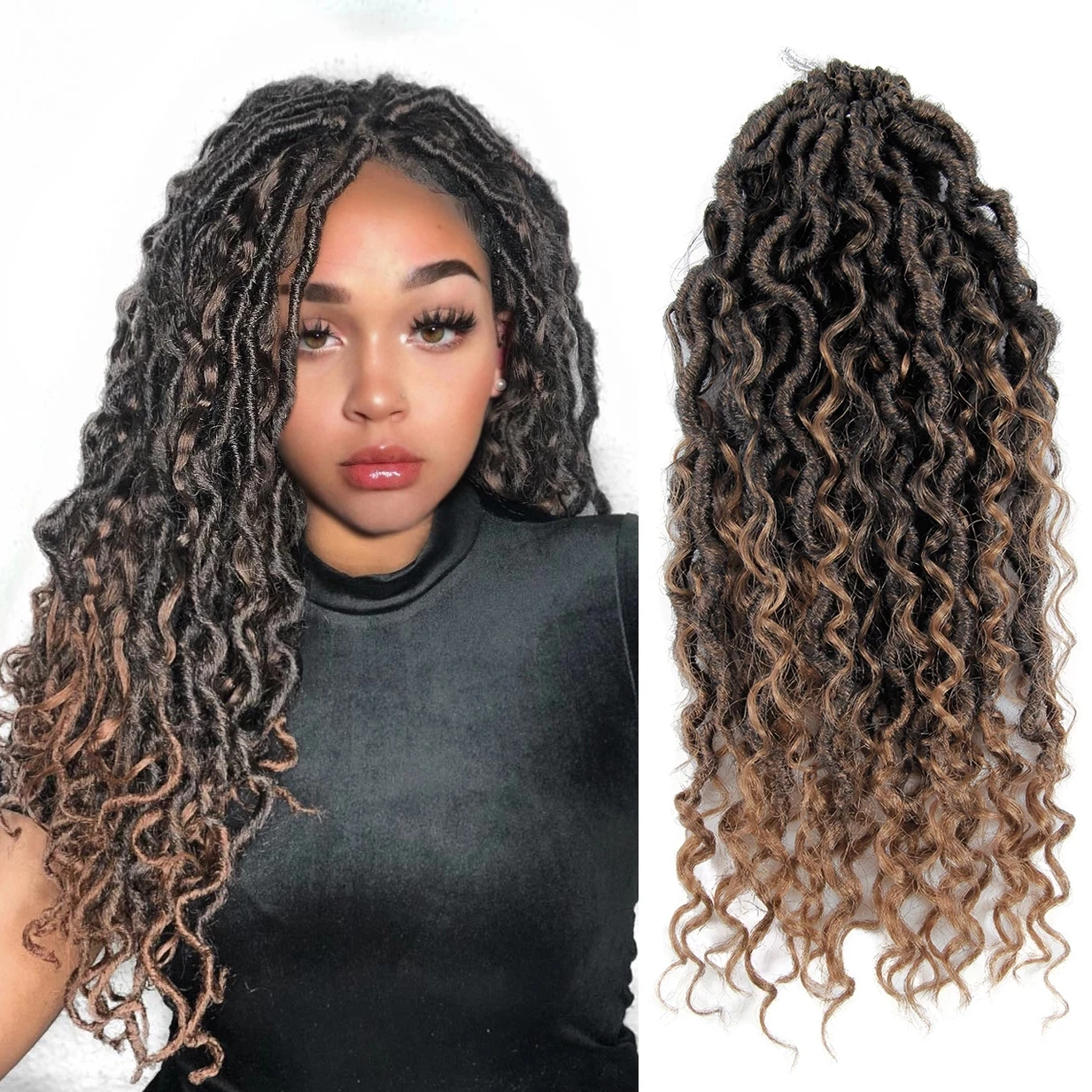 Factory price High quality 14 synthetic boho faux locs goddess curly end ombre loc 30inches 24 inch hair extension river locs, Colors
Factory price High quality 14 synthetic boho faux locs goddess curly end ombre loc 30inches 24 inch hair extension river locs, Colors