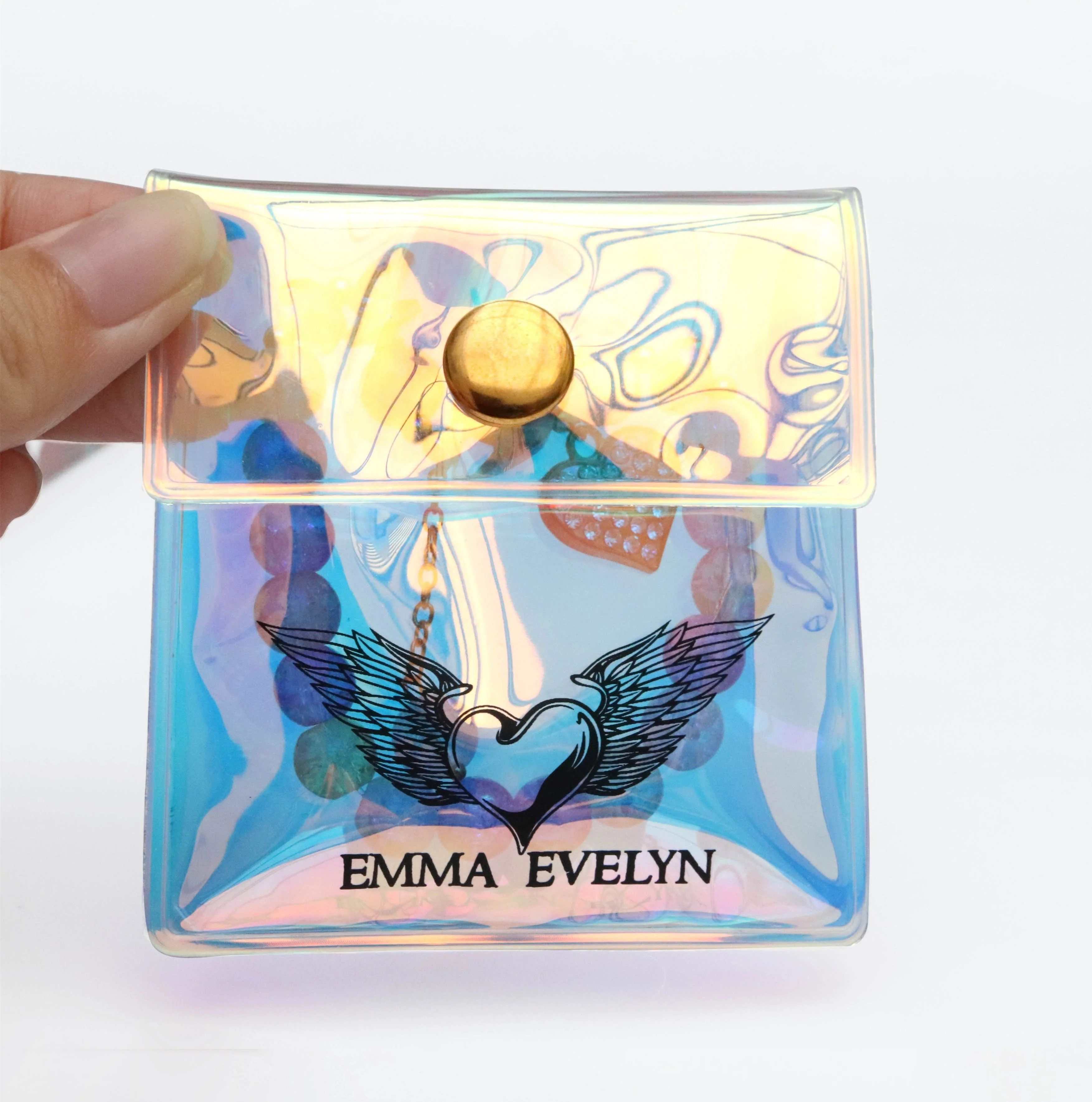 Custom packaging for jewelry printed logo clear zipper pouch PVC holographic plastic bag with snap button
Custom packaging for jewelry printed logo clear zipper pouch PVC holographic plastic bag with snap button