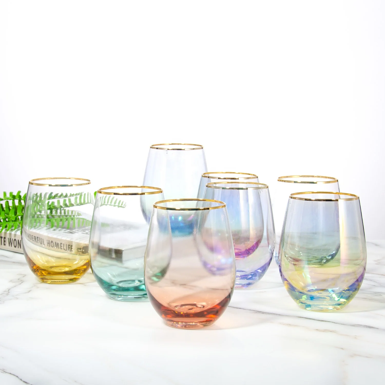 Wholesale Handmade Top Quality Custom Wine Glass Water Glass Cup Colored Stemless Wine Glass, White plate with golden decoration
Wholesale Handmade Top Quality Custom Wine Glass Water Glass Cup Colored Stemless Wine Glass, White plate with golden decoration