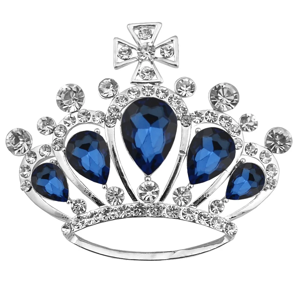 

Luxury wedding jewelry fashion accessories crystal rhinestone crown brooch pin blue stone brooches, Custom color