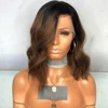 Ombre Brown 14 Inches Short Wave Bob Half Hand Tied Half Machine Side Part Human Hair Wigs With Dark Root