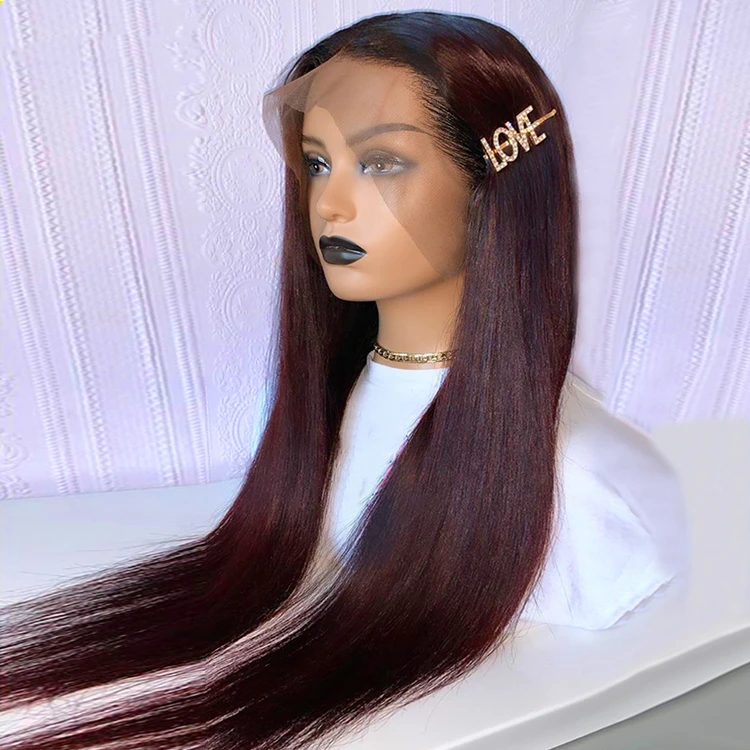 

99J Colored Burgundy Ombre Long Silky Straight Raw Indian Human Hair Wig with Baby Hair Glueless Lace Front Wigs
