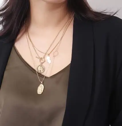 

2019 New Boho Multi Layer Chain Pendant Choker Necklace Portrait Coin Virgin Mary Face Fashion Women Statement Jewelry, Silver