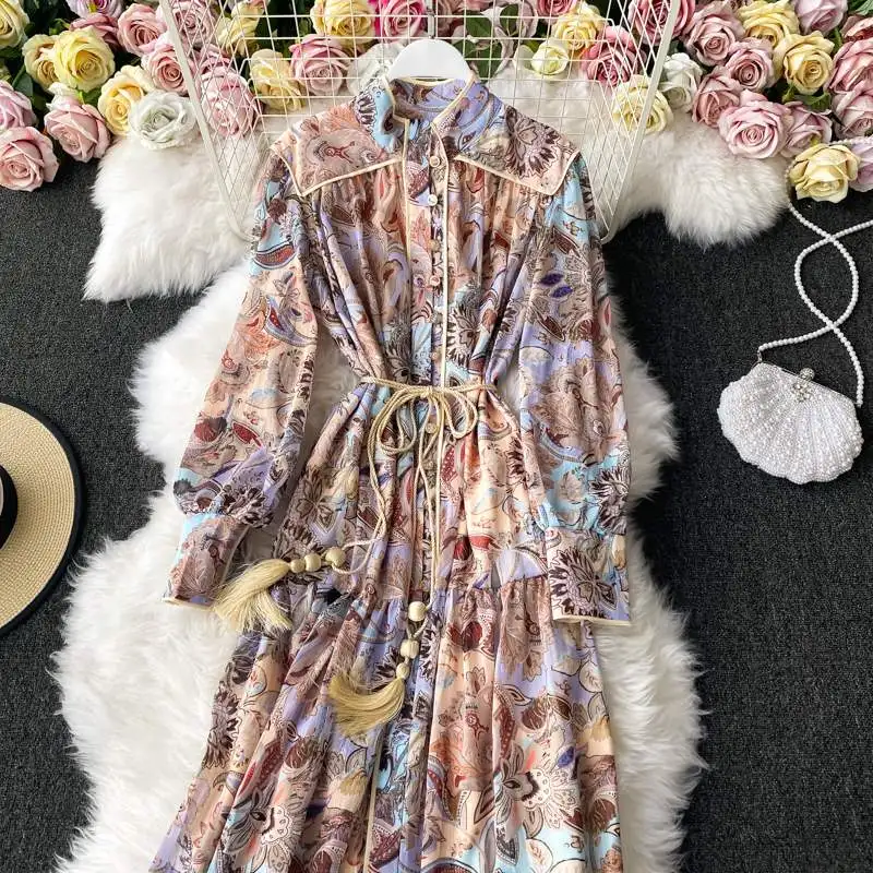 Spot 2021 new Korean women's retro color floral long sleeve stand collar casual dress, Blue
Spot 2021 new Korean women's retro color floral long sleeve stand collar casual dress, Blue