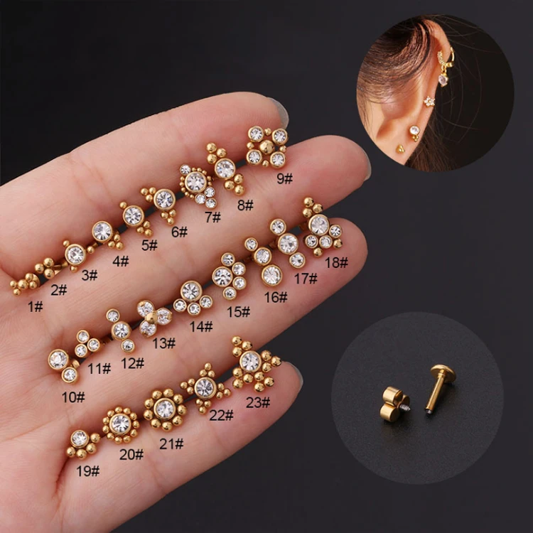 High quality trendy women jewelry flat screw back cartilage zircon earring stainless steel gold stud earring ear piercing
High quality trendy women jewelry flat screw back cartilage zircon earring stainless steel gold stud earring ear piercing