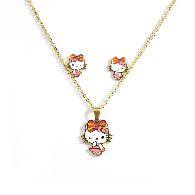 

SC Jewelry Valentine's Day Gift Kids Jewelry Set Gold Plated Stainless Steel Pink Bow Kitty Cat Necklace Earrings for Girls