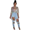 FNN8281 2019 New Round neck loose style streetwear sequin girls summer clothes short sleeve glitter crop top party wear tops