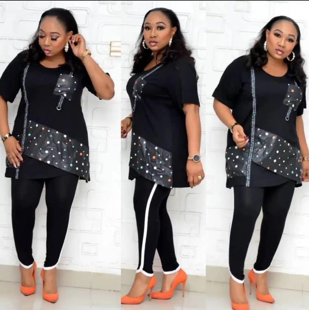 African plus size mother wear PU beaded T-shirt trousers casual two-piece suit women, As showed
African plus size mother wear PU beaded T-shirt trousers casual two-piece suit women, As showed