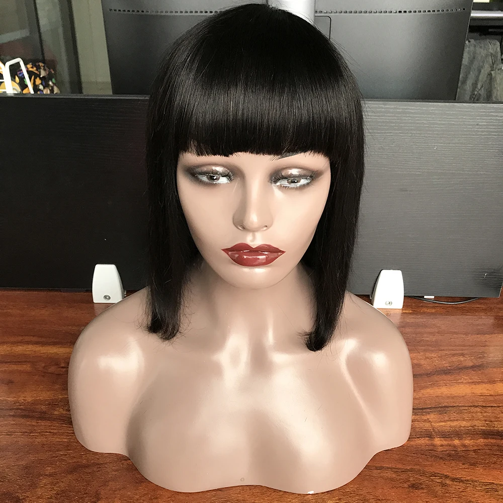 

Non lace machine heavy bang fringe cheap lowest price wholesale 100% bob remy short pixie cut human extensions virgin hair wigs, Natural color,can be customized