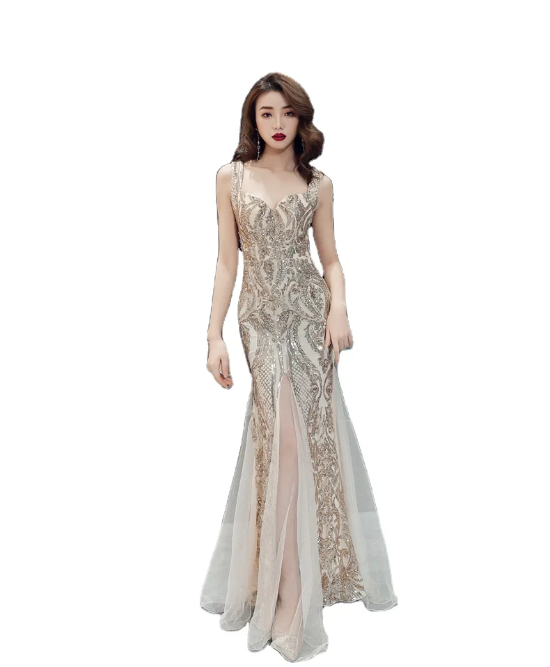 Elegant Womens Stage Costumes Sleeveless Sequin Maxi Dress High Slit Mermaid Wedding Party Dress Women Evening Prom Dresses
Elegant Womens Stage Costumes Sleeveless Sequin Maxi Dress High Slit Mermaid Wedding Party Dress Women Evening Prom Dresses