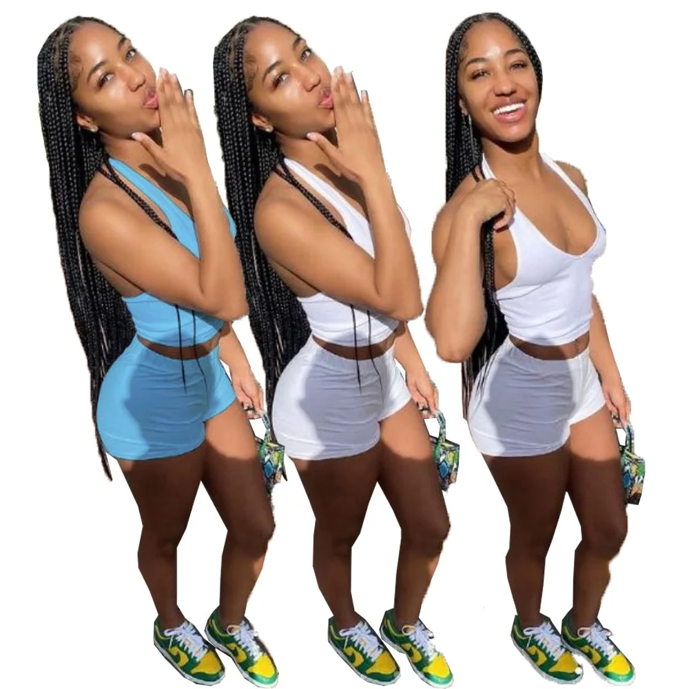 Solid Color Sexy Hang Neck Halter Low-Cup Crop Top and Shorts Suits Sporty Two Piece Set for Women
Solid Color Sexy Hang Neck Halter Low-Cup Crop Top and Shorts Suits Sporty Two Piece Set for Women