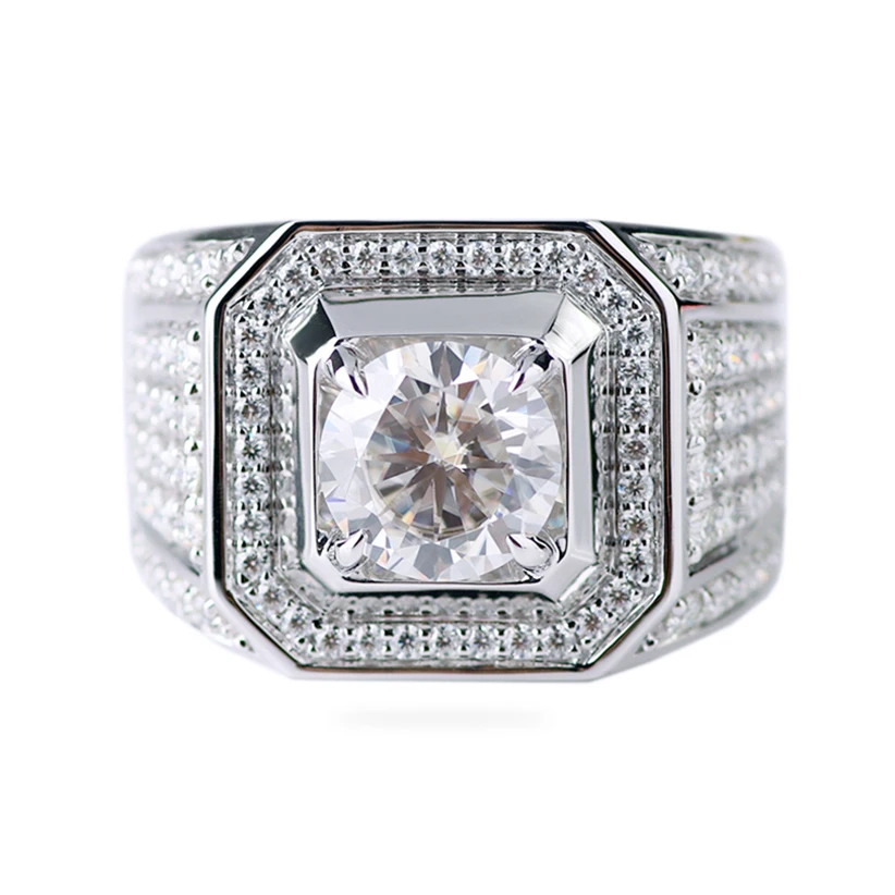 أزياء الرجال خاتم 14K الصلبة الذهب الأبيض مويسانيتي الماس الأحجار خاتم الزواج للرجال