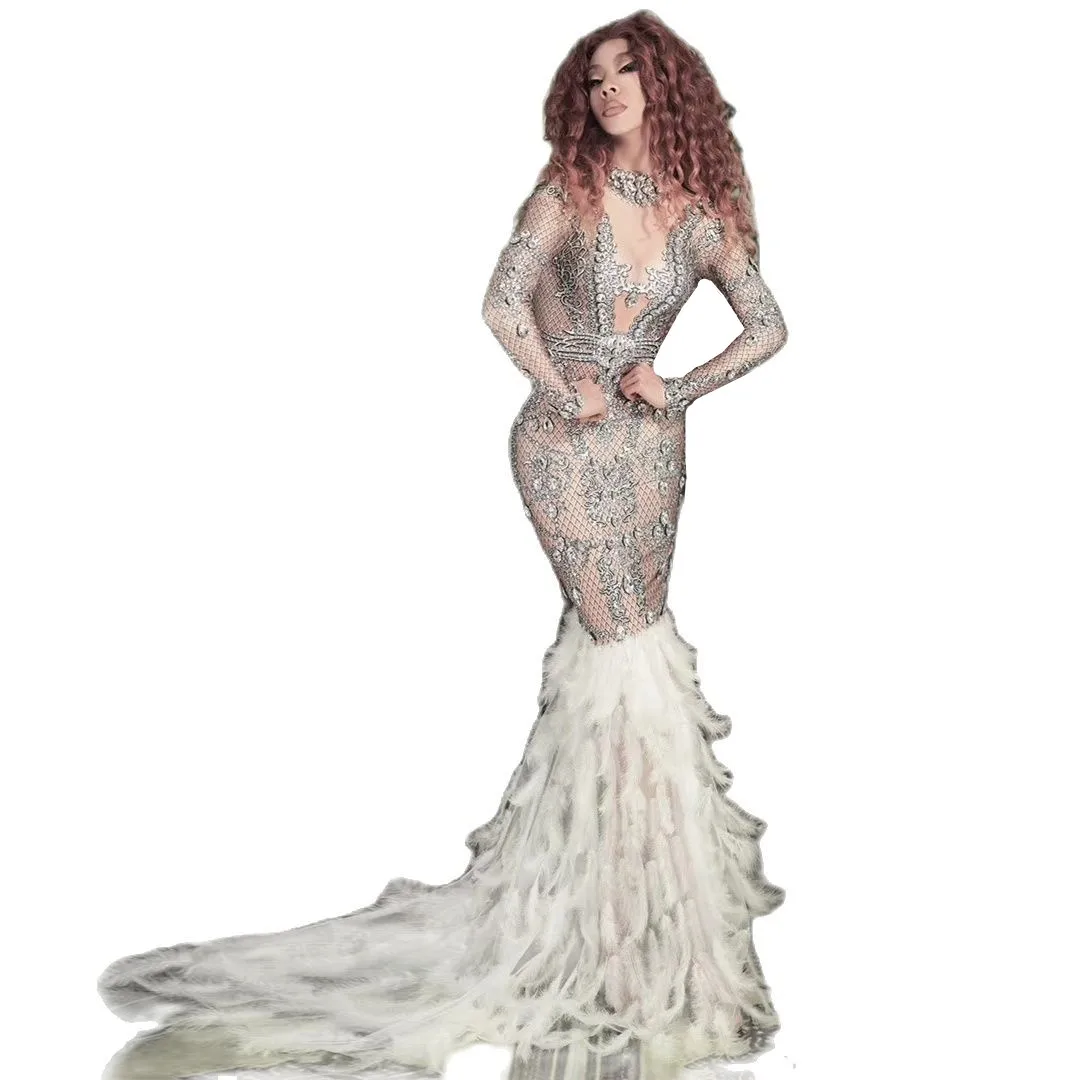 Elegant Long Sleeves Crystal Feather Mermaid Wedding Party Dress Women Stage Prom Gown Bodycon Rhinestone Evening Dresses Ladies
Elegant Long Sleeves Crystal Feather Mermaid Wedding Party Dress Women Stage Prom Gown Bodycon Rhinestone Evening Dresses Ladies