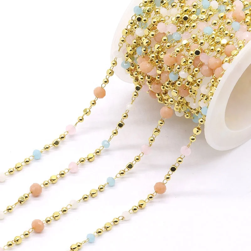 Fashion 18K gold plated copper and round glass beads chain roll for jewelry making, Gold, silver, rose gold, black
Fashion 18K gold plated copper and round glass beads chain roll for jewelry making, Gold, silver, rose gold, black