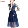 European style noble elegant fashion midi design mesh covering embroidered o neck long sleeve women evening party gown dress
