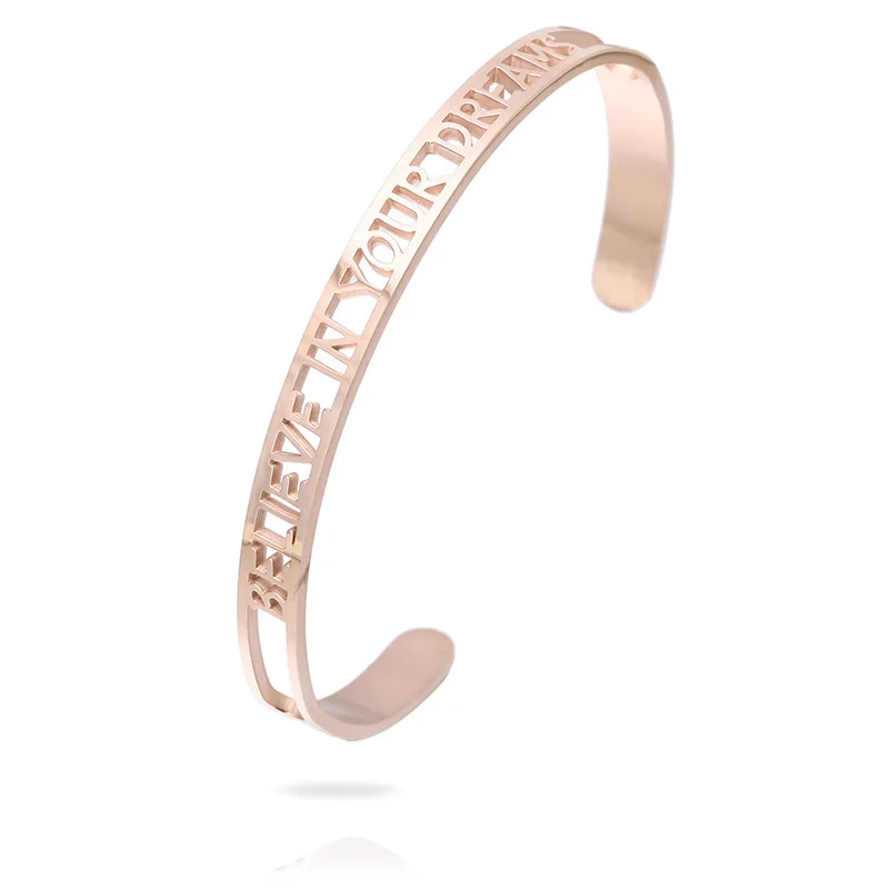 C Shape Open Rose Gold Hollow Cutting Message BELIEVE IN YOUR DREAM Encouragement Stainless Steel Bracele Jewelry Bangle Cuff
C Shape Open Rose Gold Hollow Cutting Message BELIEVE IN YOUR DREAM Encouragement Stainless Steel Bracele Jewelry Bangle Cuff
