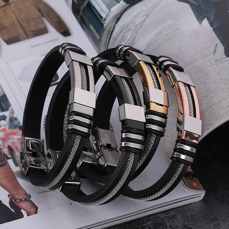 Stainless Steel Silicone Black Bracelet Men WristBand Punk Style New Design Men Simple Rubber Charm Bracelet, Gold,black,rose gold
Stainless Steel Silicone Black Bracelet Men WristBand Punk Style New Design Men Simple Rubber Charm Bracelet, Gold,black,rose gold